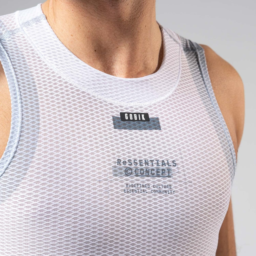 Gobik white mesh sleeveless base layer with Rossentals Council branding on chest