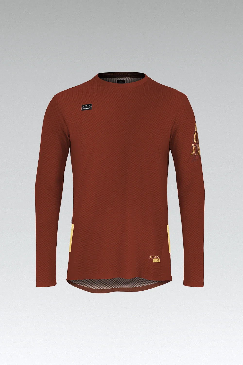 Gobik Terrain long sleeve cycling shirt in rooibos red-brown color with yellow accents