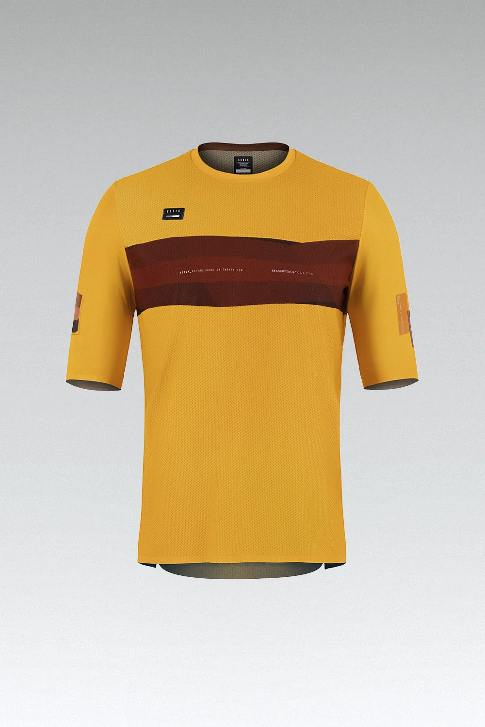 Gobik Volt short sleeve cycling jersey in golden yellow Spectra colorway with brown stripe