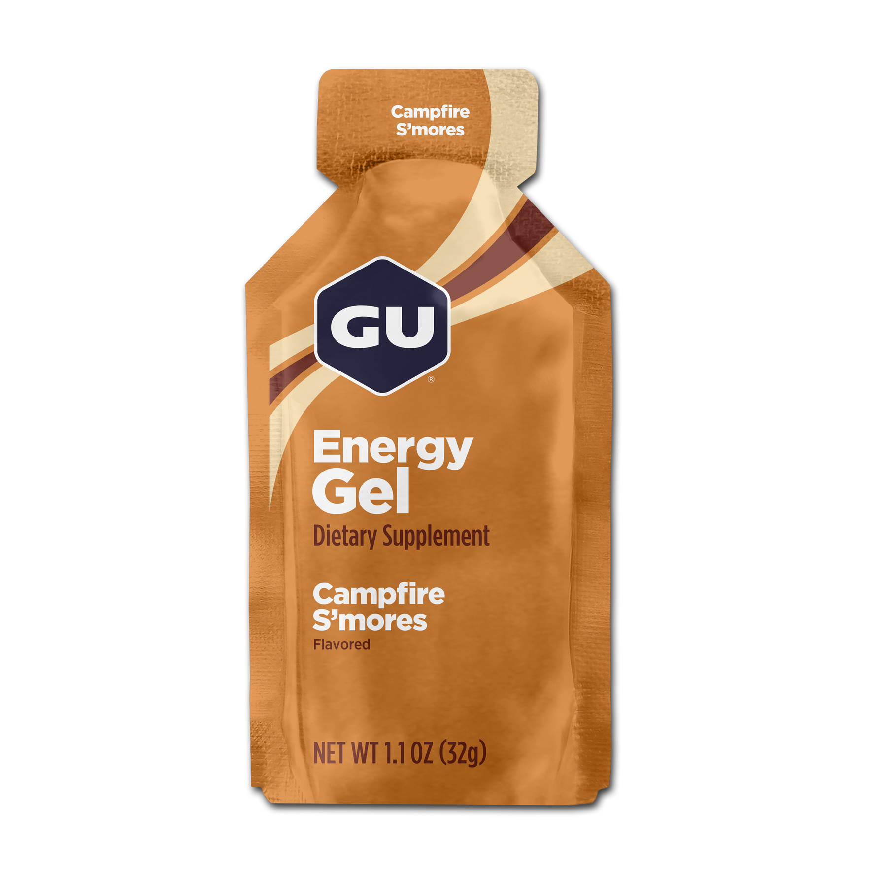 GU Energy Gel in Campfire S'mores flavor, orange packaging, 1.1 oz dietary supplement