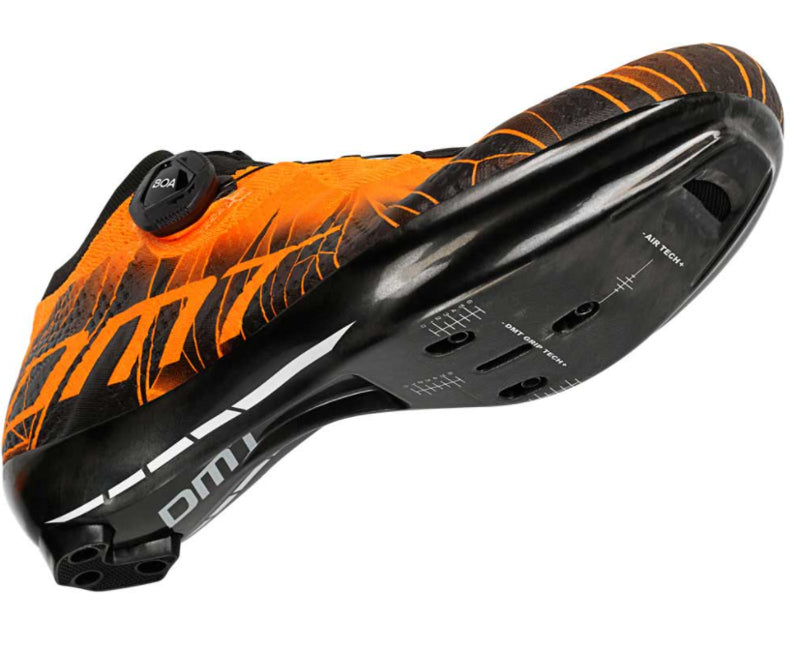 DMT KR1 road cycling shoe in orange with black flame design, BOA closure system