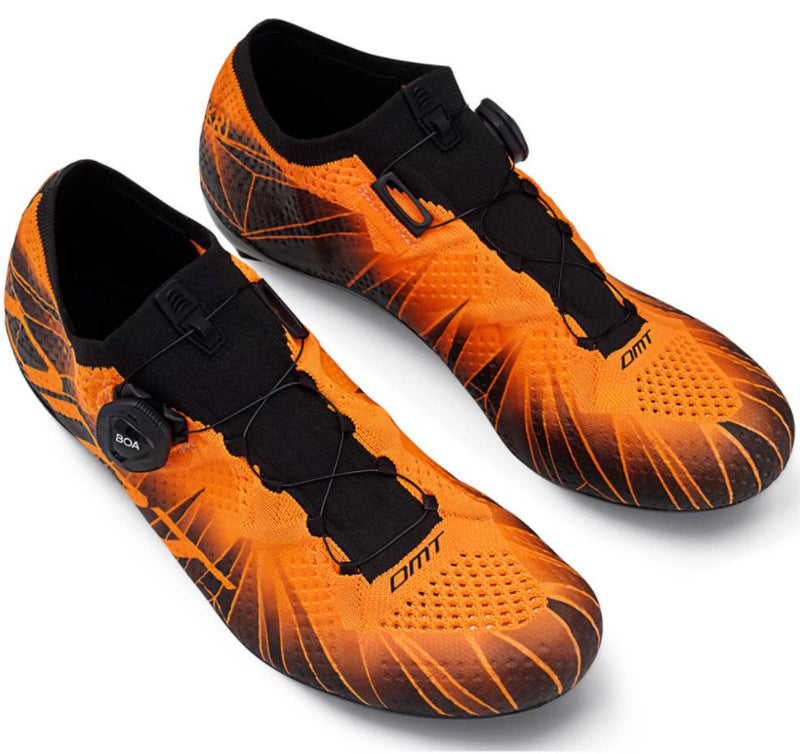 DMT KR1 road cycling shoes in orange and black with BOA closure system