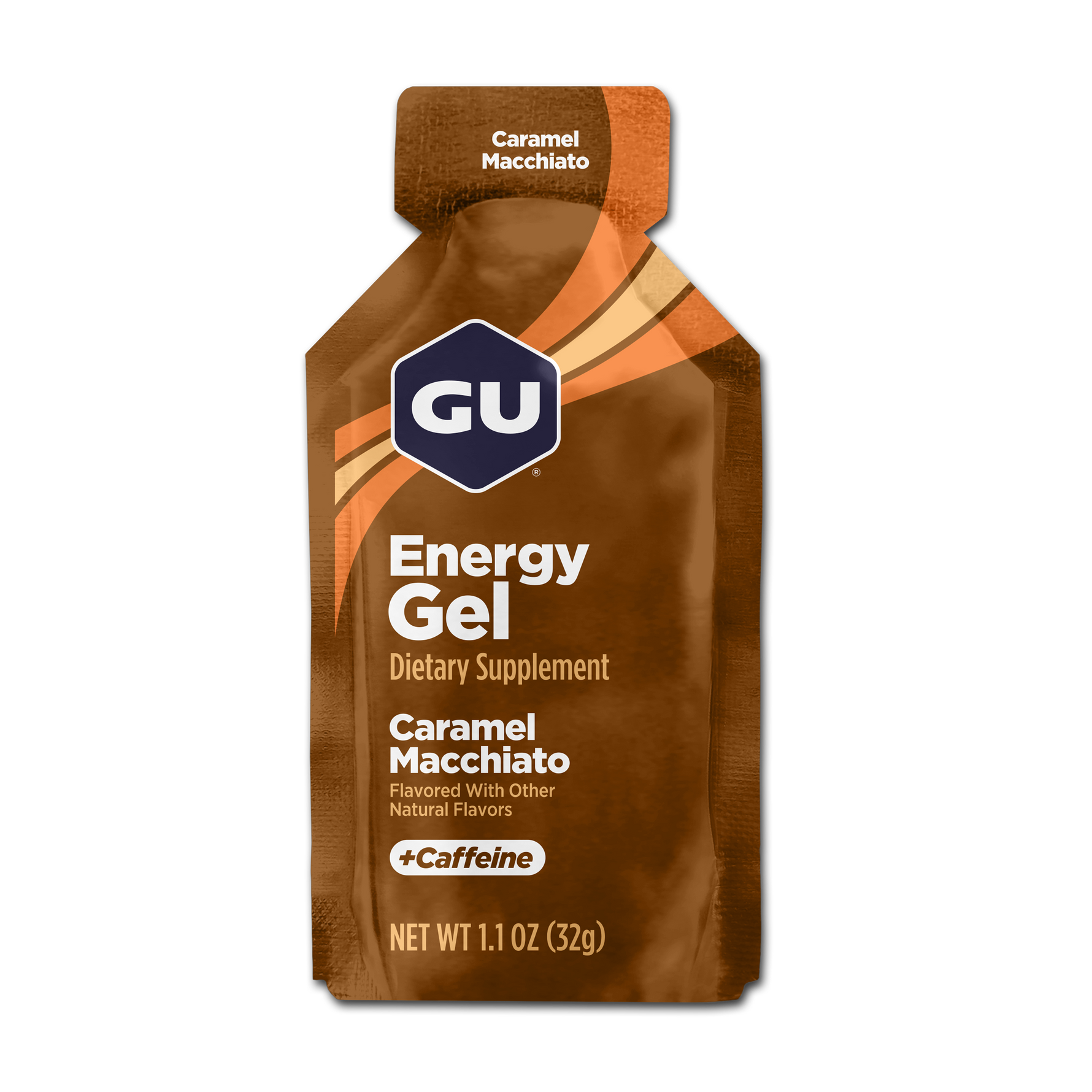 GU Energy Gel Caramel Macchiato flavor dietary supplement packet with caffeine