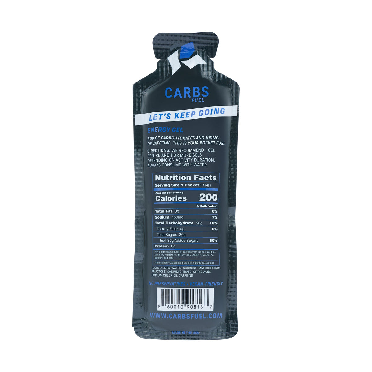 Carbs Fuel Caffeinated Energy Gel single packet showing nutrition facts and ingredients on dark background