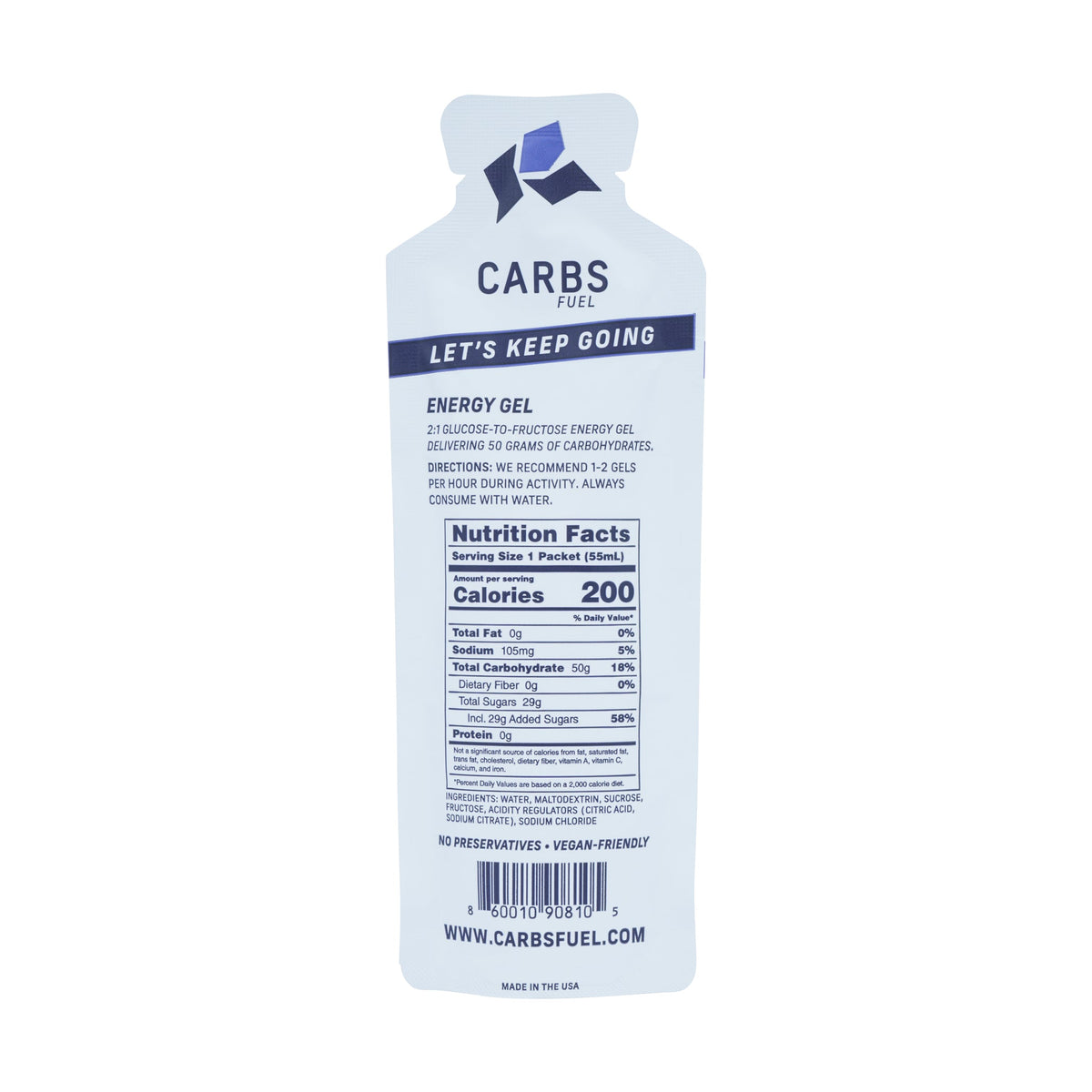 Carbs Fuel Original Energy Gel single packet in light blue and navy design
