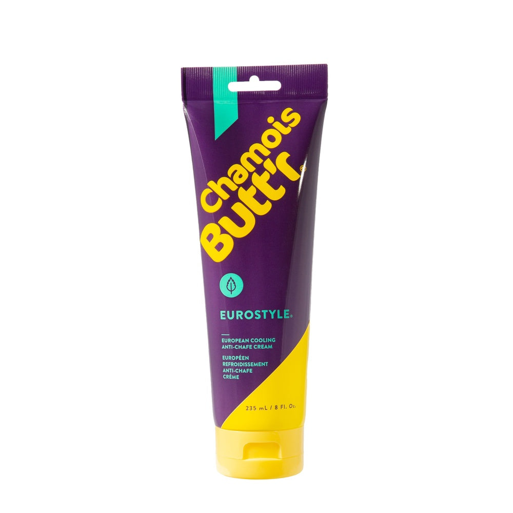 Chamois Butt'r Eurostyle European Cooling Anti-Chafe Cream tube, 8 fl oz, purple and yellow