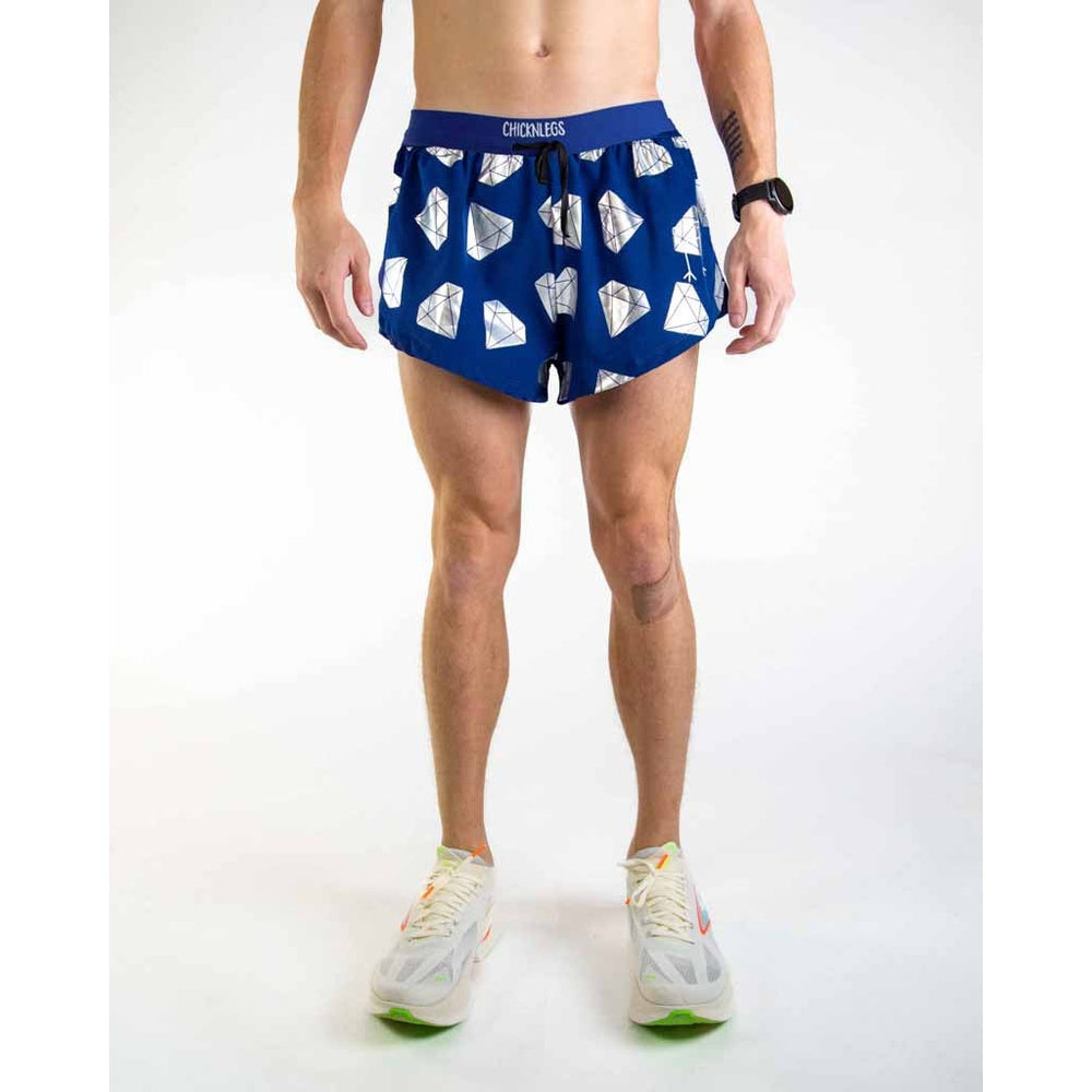 ChicknLegs men's blue running shorts with white diamond geometric pattern and 2-inch inseam