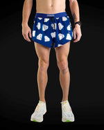 ChicknLegs men's blue running shorts with white diamond pattern and split sides