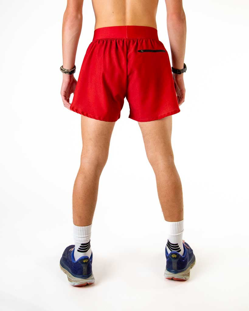 Back view of ChicknLegs 2-inch DS Split Shorts in Cardinal Red with zipper pocket