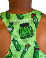 ChicknLegs men's bright green performance singlet with cartoon pickle character pattern