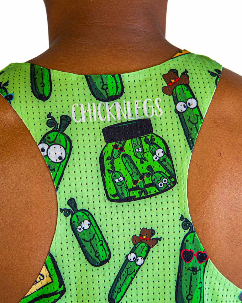ChicknLegs men's bright green performance singlet with cartoon pickle character pattern