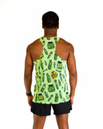 Back view of man wearing bright green singlet with pickle pattern design