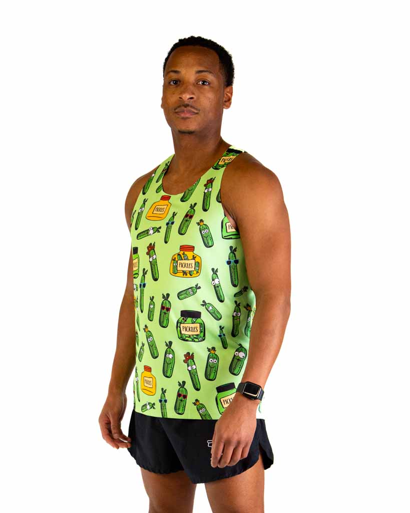 Man wearing light green ChicknLegs singlet with colorful pickle jar pattern