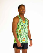 Man wearing light green running singlet with pickle and condiment pattern design
