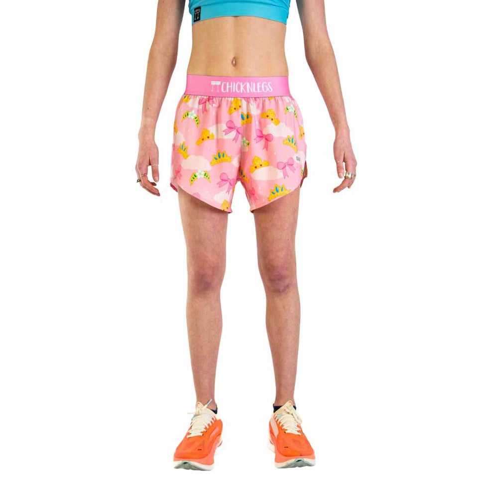 Woman wearing pink ChicknLegs Princess Tiara split running shorts with crown pattern