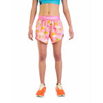 ChicknLegs pink split shorts with princess tiara and bow pattern on model