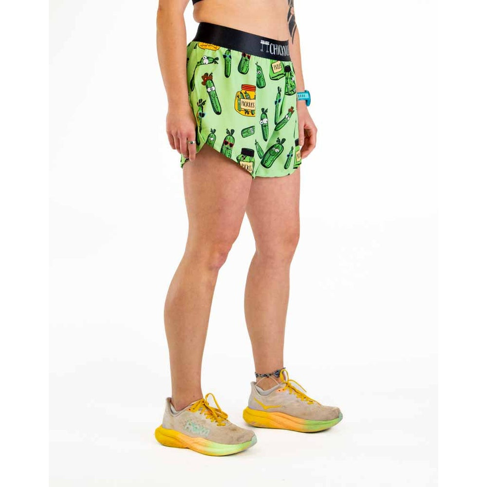 ChicknLegs women's green pickle print 4-inch split running shorts modeled on legs