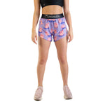 ChicknLegs women's purple shorts with cute pink pig pattern and black waistband