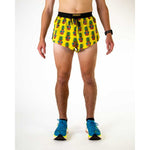 ChicknLegs 2-inch split running shorts in yellow Pineapple Express print worn by male model