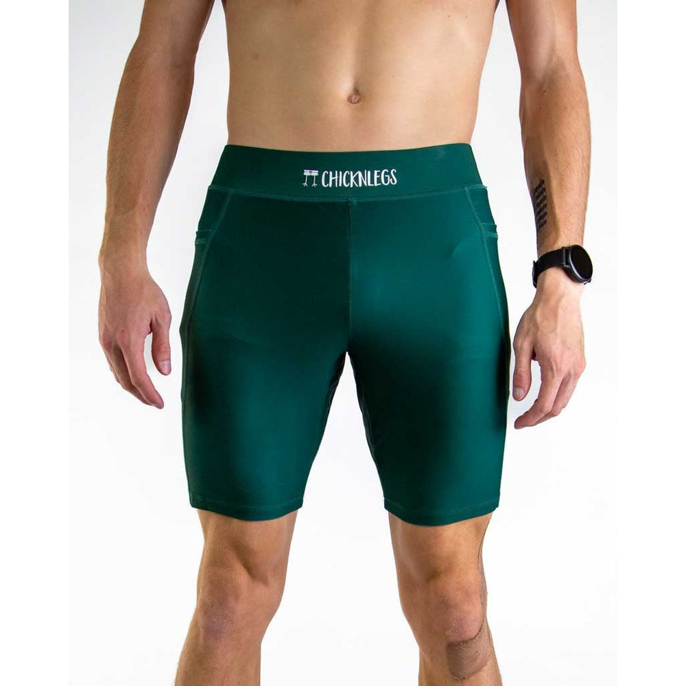 ChicknLegs men's forest green athletic compression shorts with logo waistband