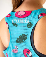 ChicknLegs blue flamingo performance singlet with tropical pattern worn by model