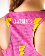 Back view of pink performance singlet with yellow lightning bolts and ChicknLegs branding