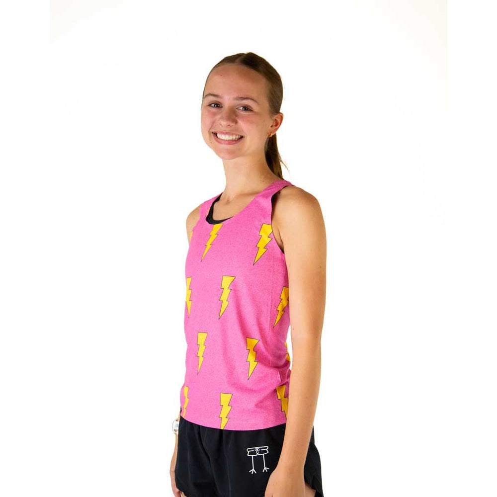 Woman wearing pink athletic tank top with yellow lightning bolt pattern