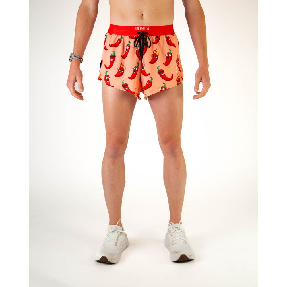 ChicknLegs men's split running shorts in coral with red chili pepper print