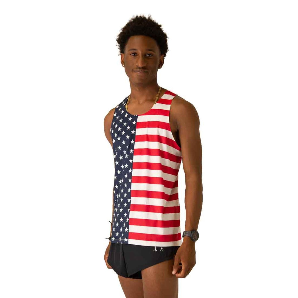 Man wearing ChicknLegs USA flag pattern performance running singlet with matching shorts