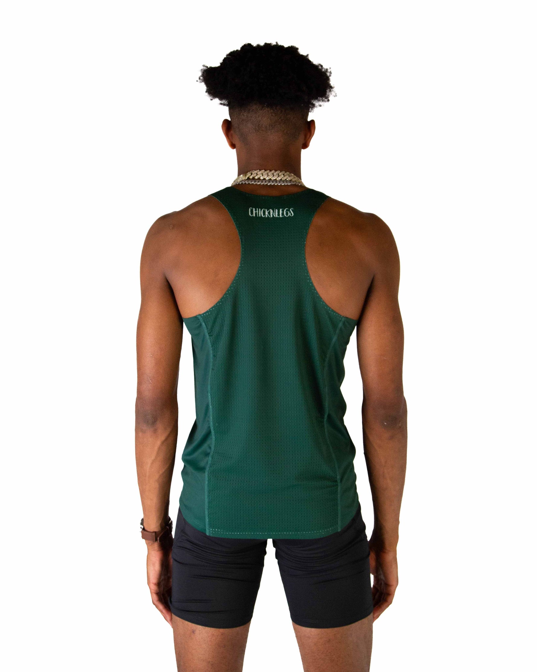 Back view of man wearing forest green ChicknLegs performance singlet tank top