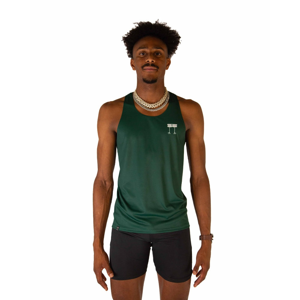 Man wearing forest green athletic tank top with black shorts