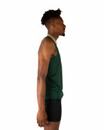 Male model wearing forest green performance singlet tank top with pearl necklace