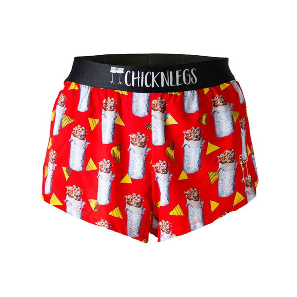 Red men's running shorts with burrito pattern and black waistband by Chicknlegs