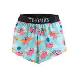 ChicknLegs men's running shorts with flying pigs pattern on light blue background