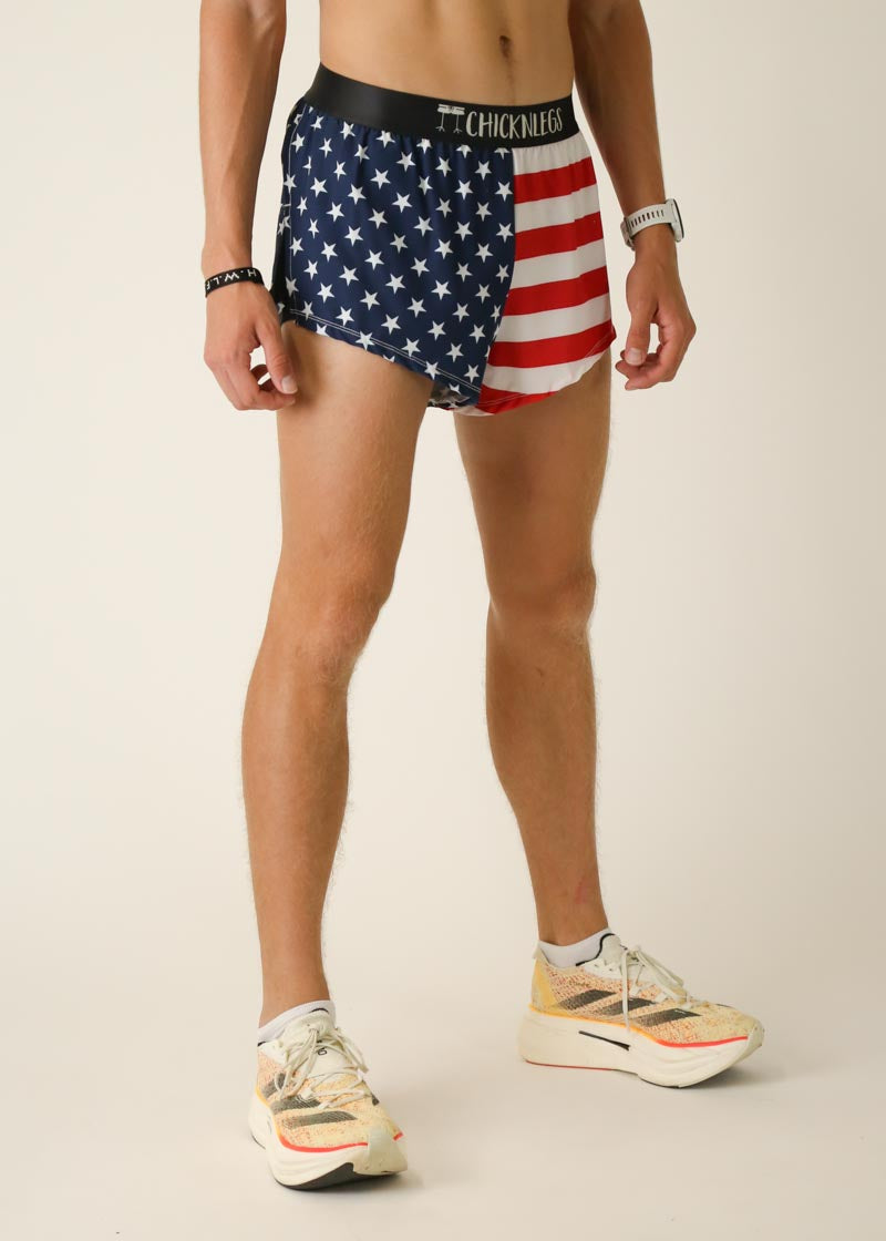 ChicknLegs men's split running shorts in American flag pattern with stars and stripes