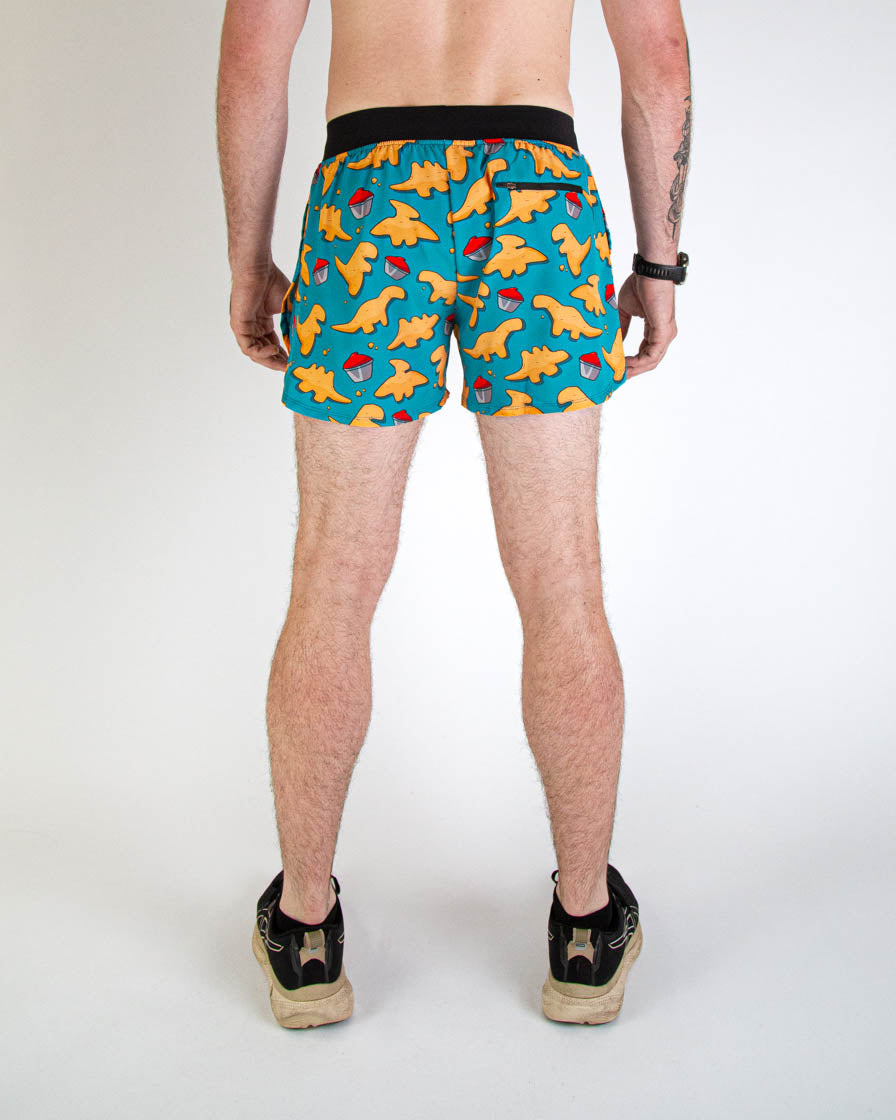 ChicknLegs men's 4-inch running shorts with chicken nuggets print on turquoise background