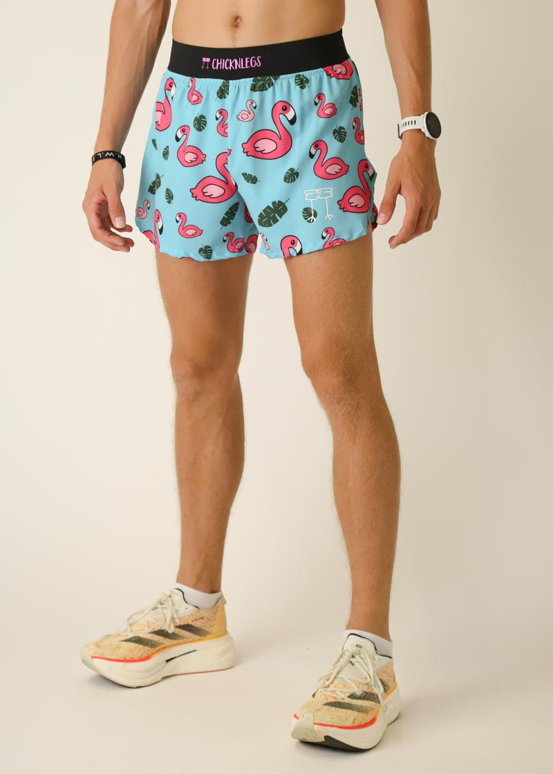 ChicknLegs men's light blue running shorts with pink flamingo and leaf pattern