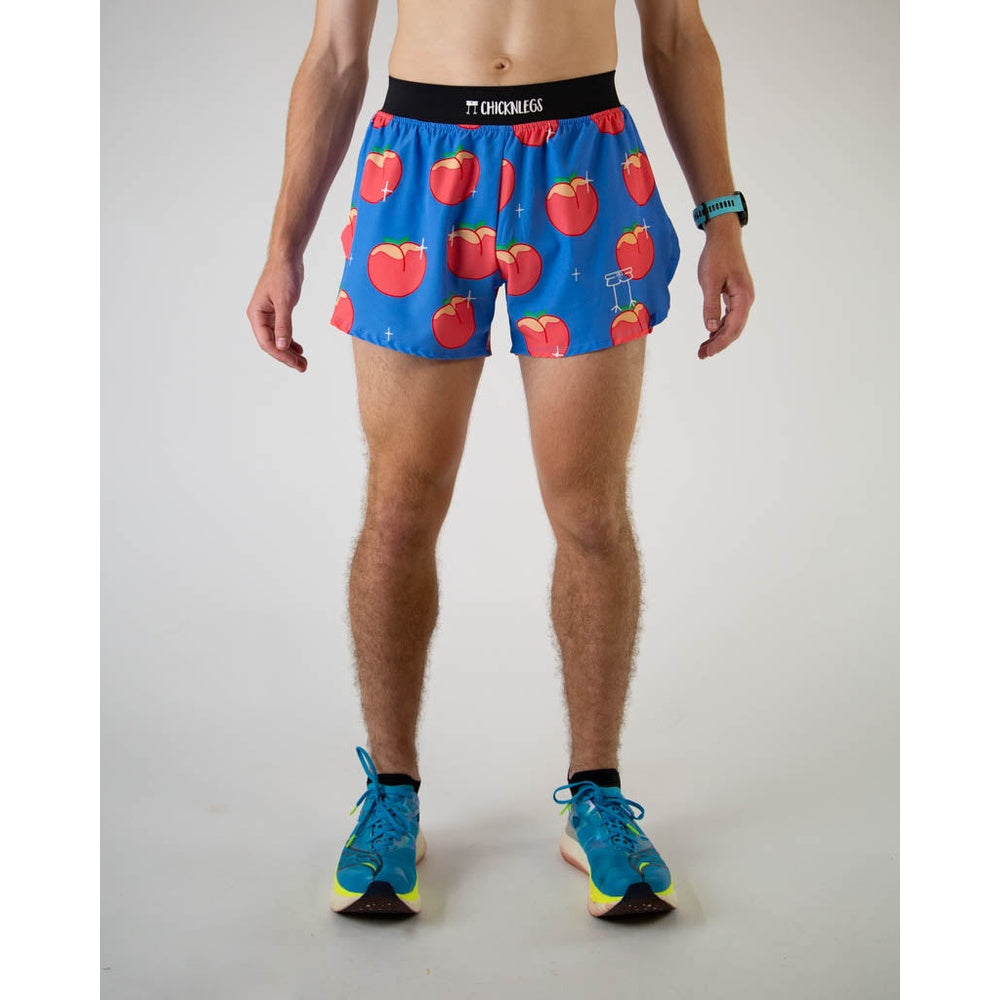 ChicknLegs men's blue running shorts with red peach print pattern