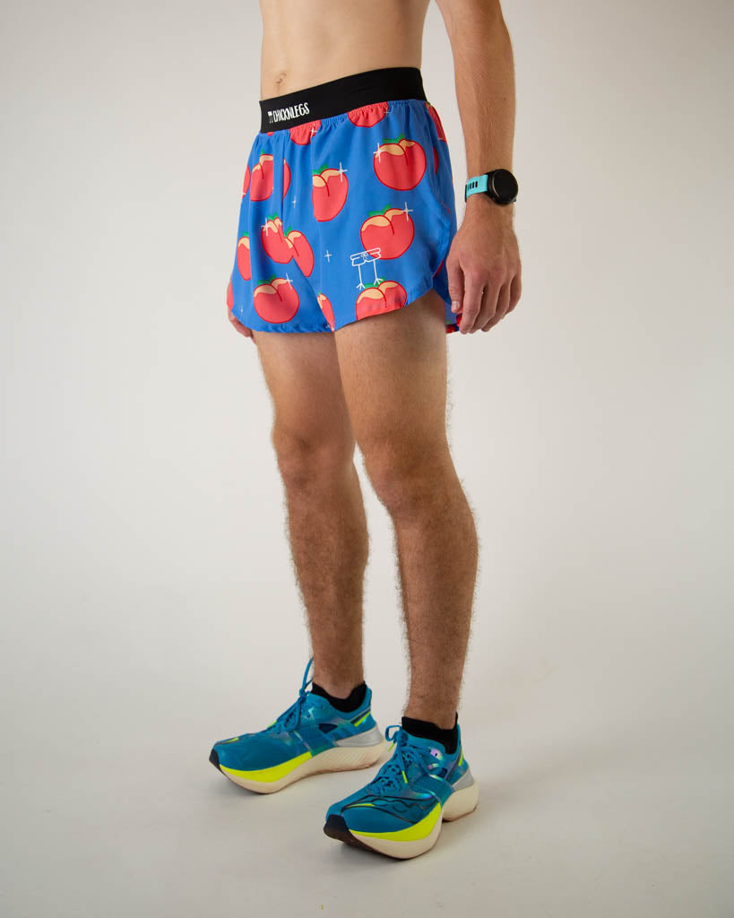 ChicknLegs men's running shorts in blue with red peach print pattern