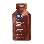 GU Energy Gel Chocolate Outrage flavor packet with caffeine, brown packaging