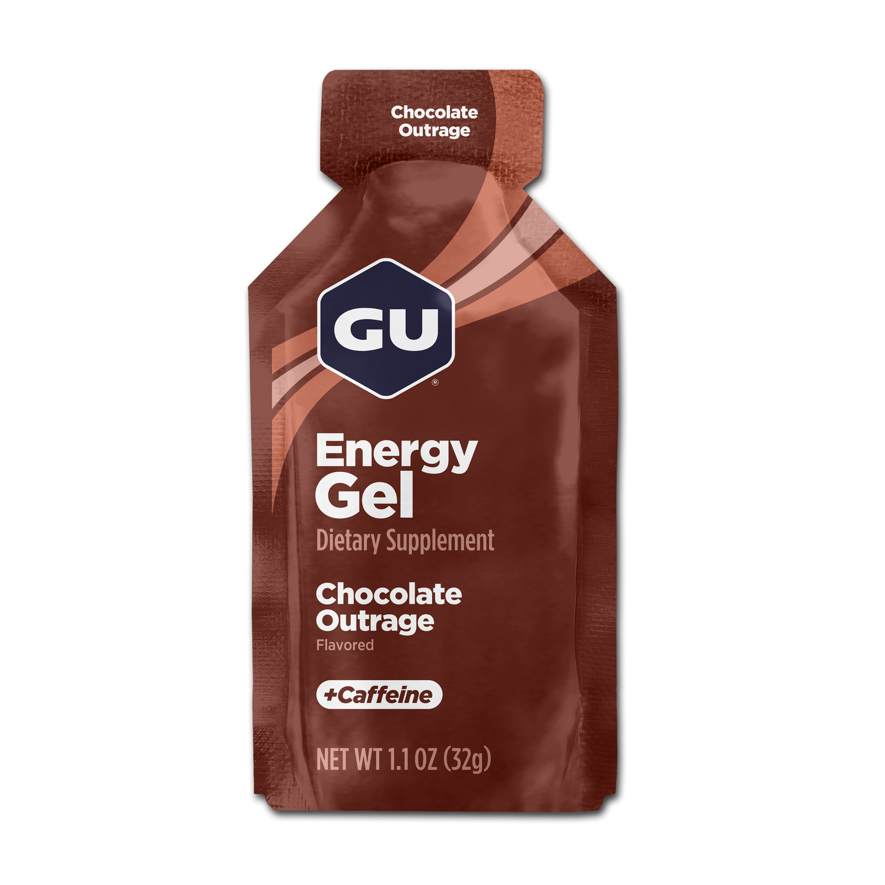 GU Energy Gel Chocolate Outrage flavor packet with caffeine, brown packaging