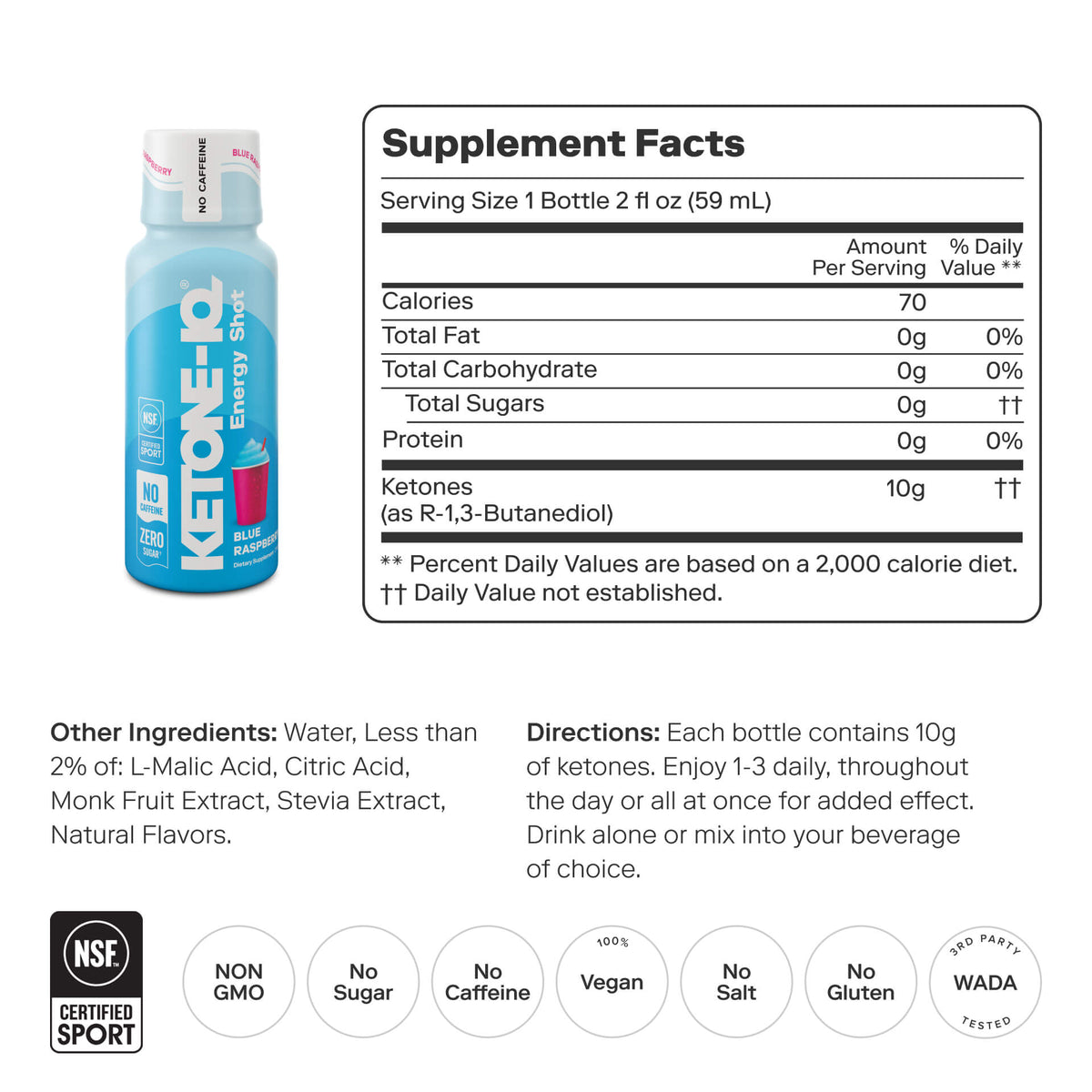 Ketone-IQ Blue Raspberry Energy Shot supplement facts panel showing 70 calories and 10g ketones per serving