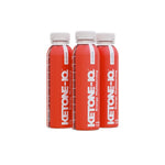 Three red Ketone-IQ energy drink bottles with white caps on clean background