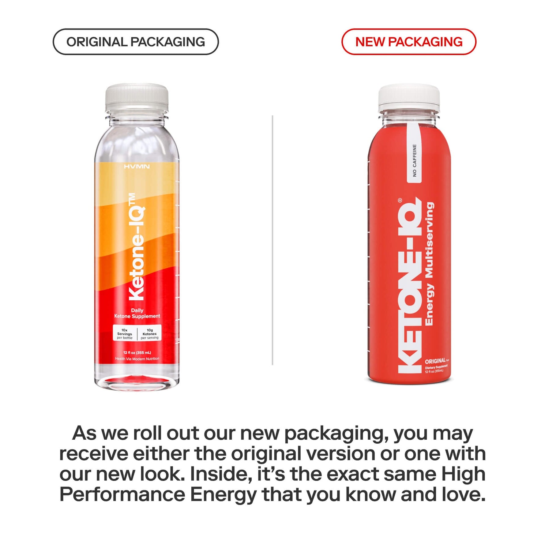 Ketone-IQ energy drink bottles showing original and new packaging designs