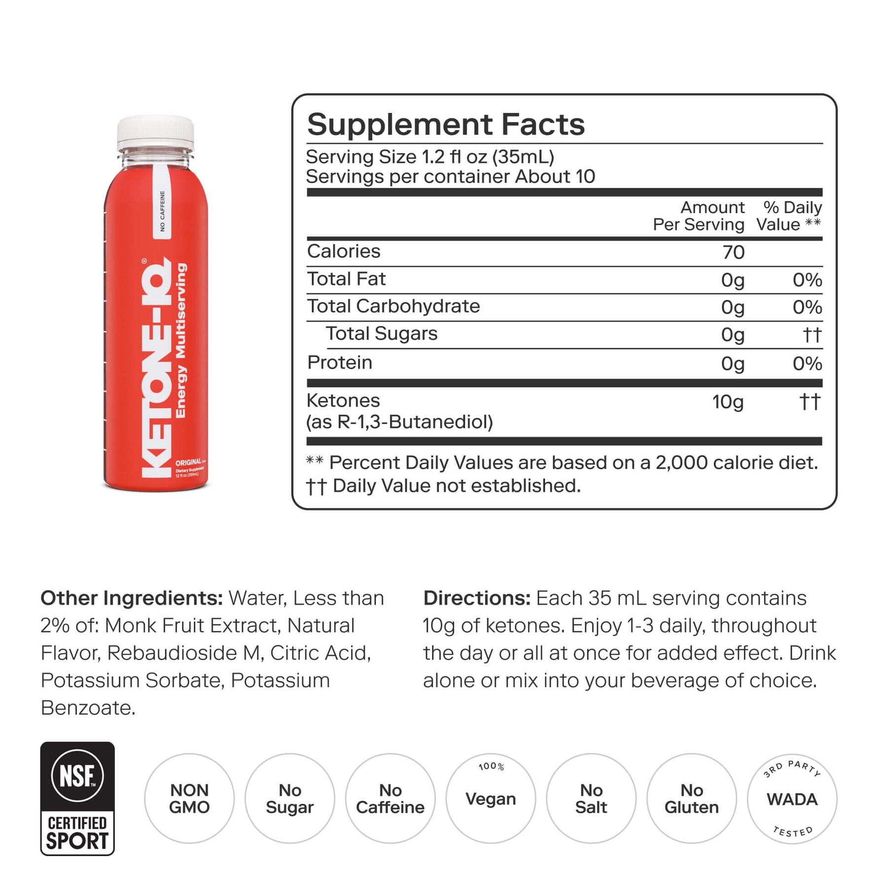Ketone-IQ red bottle with supplement facts label showing ketone content and ingredients