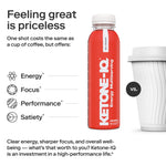 Red Ketone-IQ energy drink bottle with marketing text about benefits versus coffee