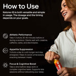 Woman holding Ketone-IQ bottle with usage instructions for athletic performance and cognitive boost