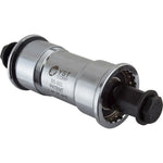 Silver threaded bicycle bottom bracket with black rubber seals and internal components