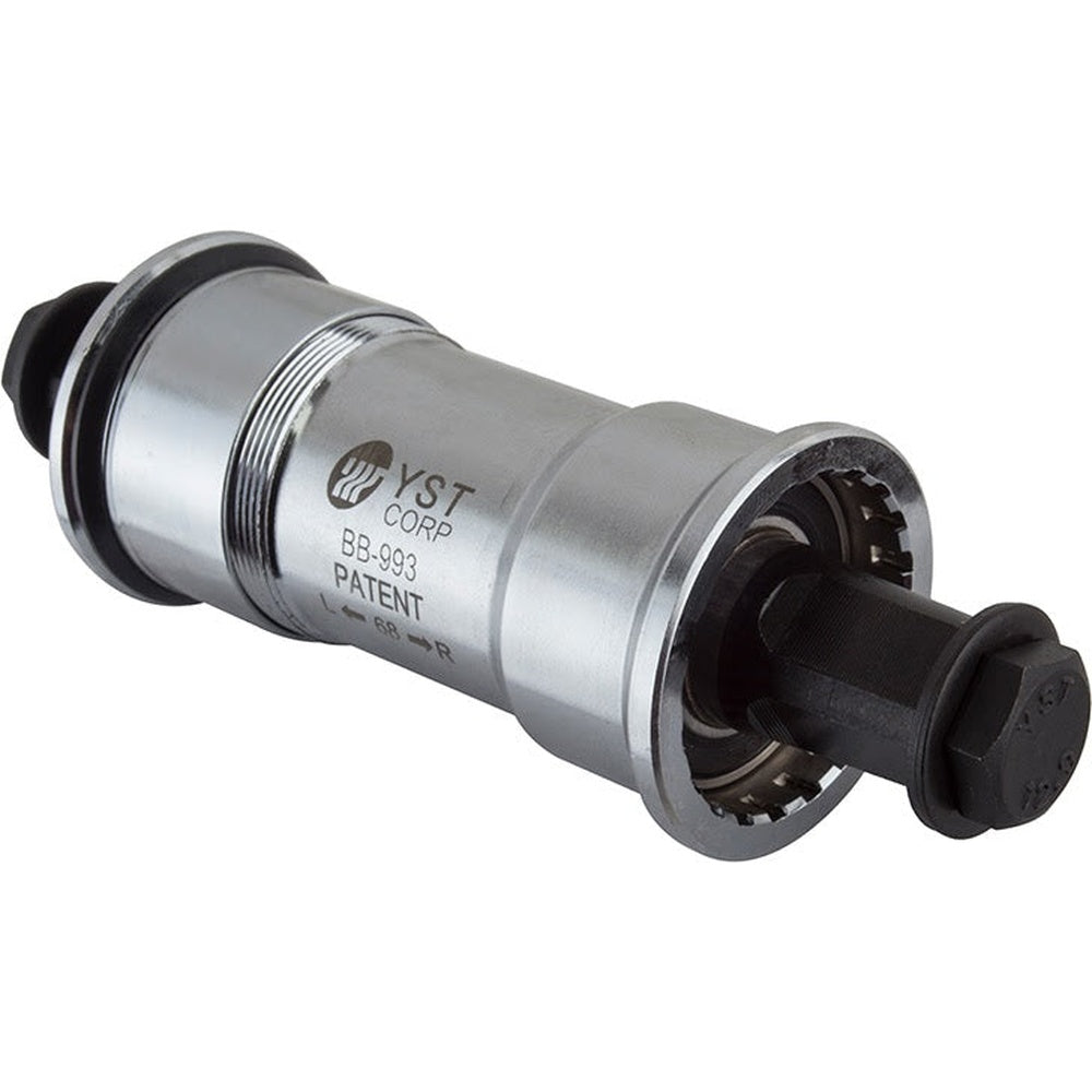 Silver threaded bicycle bottom bracket with black rubber seals and internal components