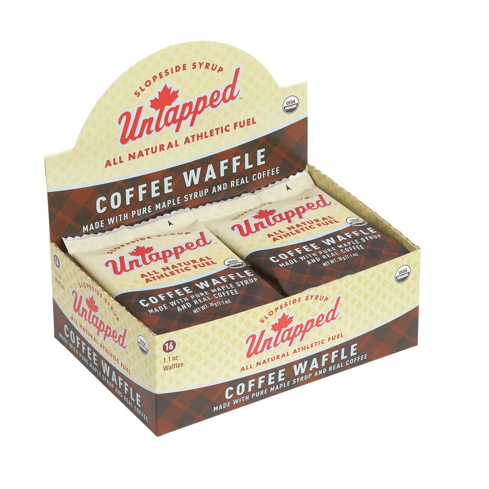 UnTapped Coffee Waffle box containing 16 individual waffles with maple syrup and real coffee